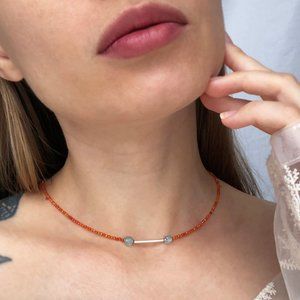 Orange carnelian and blue topaz crystal beaded choker necklace for women